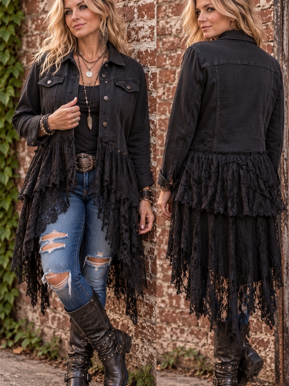 Upcycled Black Lace Tiered Denim Jacket
